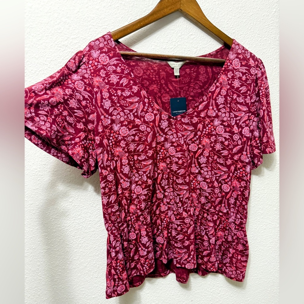 Lucky Brand Boho Floral Peplum Top XL Soft Cotton Modal NWT Romantic Blouse - Picture 2 of 10